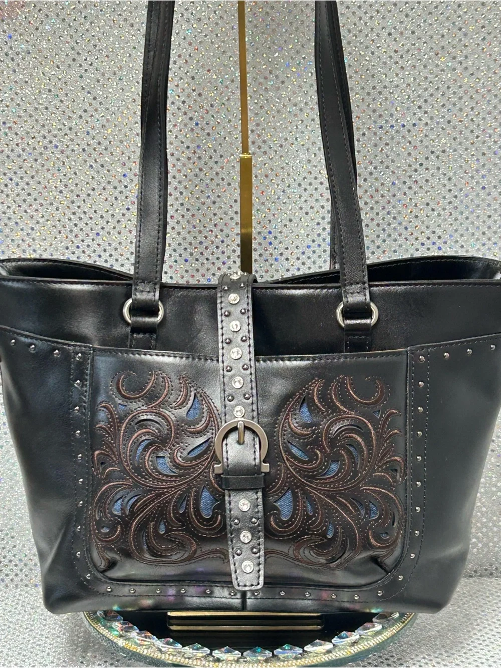 Patricia Nash Black Leather Embroidered Noto Tote Bag